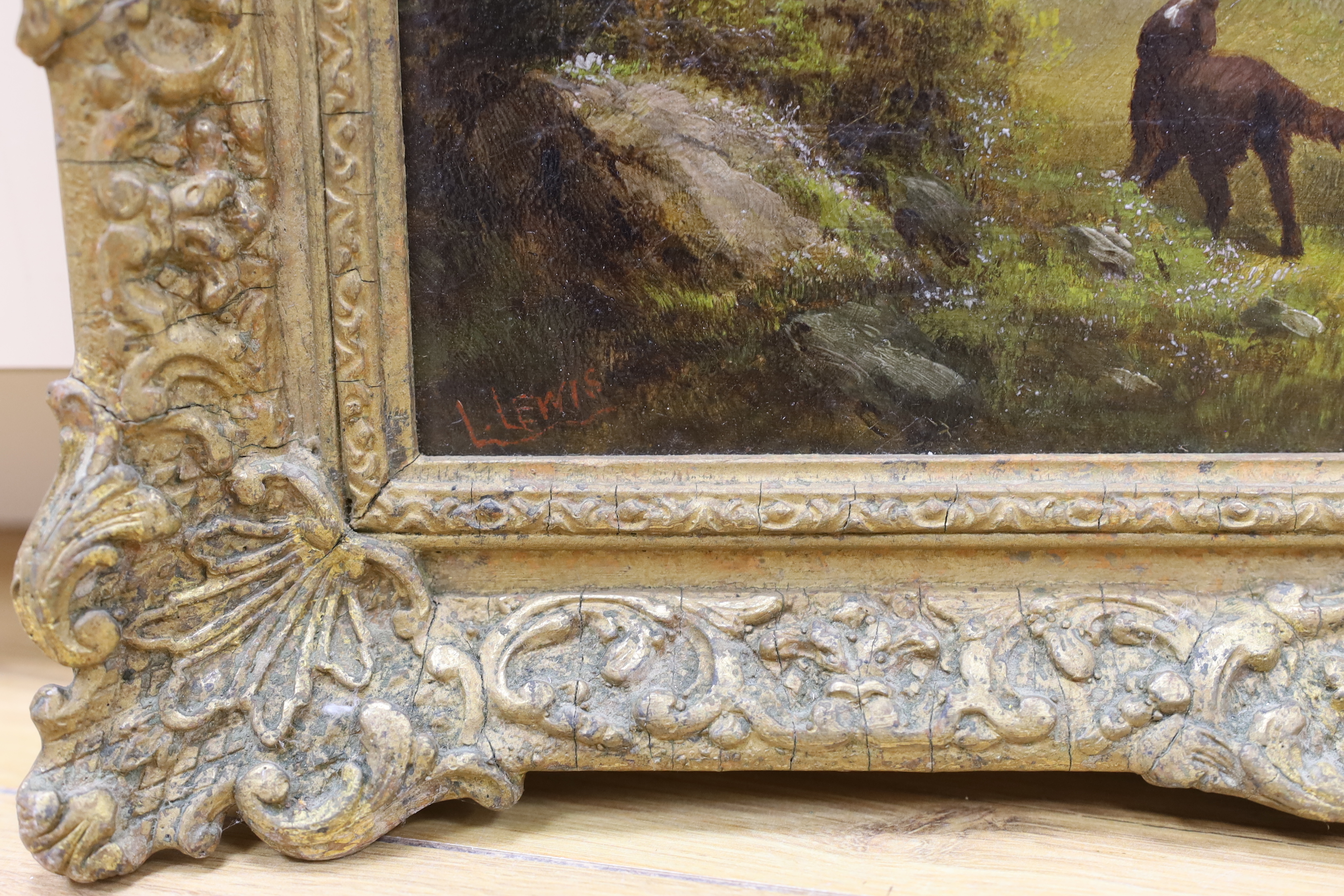 L. Lewis, oil on canvas, Grouse Shooting, signed, in ornate gilt frame, 24 x 34cm	